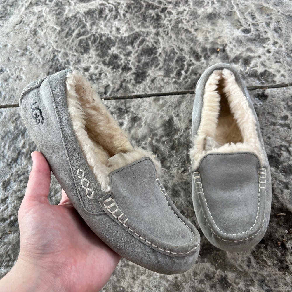 UGG Ansley Grey Suede Wool Lined Moccasin Slippers Womens‎ 6 casual comfort 3312